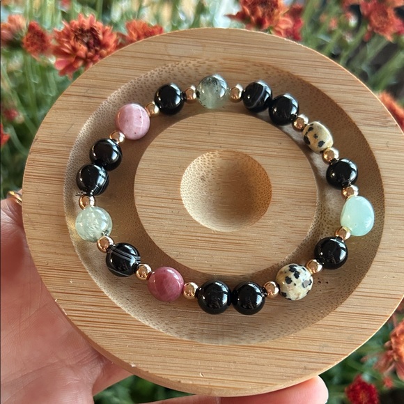 Handmade Jewelry - Handmade Sardonyx + Rhodonite + Dalmatian Jasper + Prehnite Beaded Bracelet *